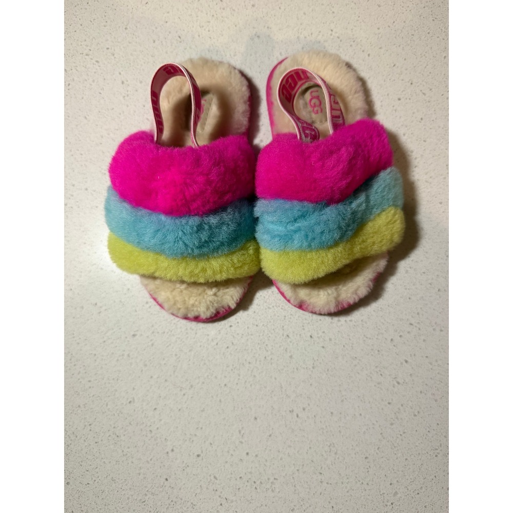 UGG Kids‎ Fluff Yeah Slide Rainbow Pink Blue Yellow Toddler Size 9C